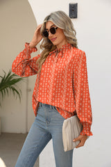 Printed Tie Neck Flounce Sleeve Blouse - Flyclothing LLC