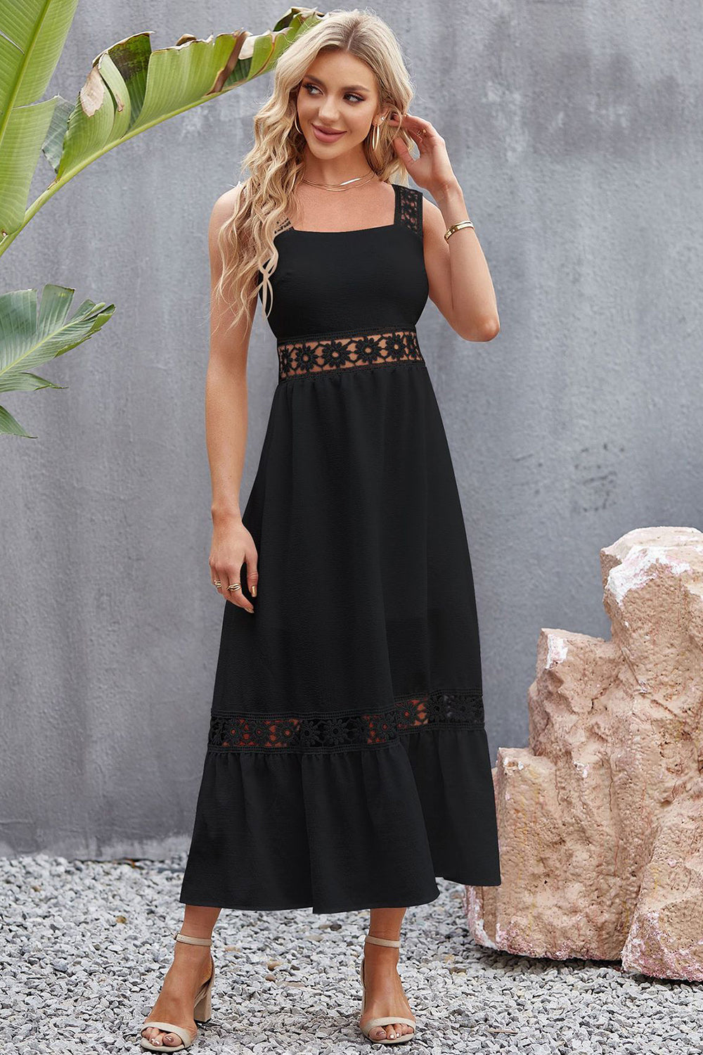 Flower Crochet Wide Strap Midi Dress - Flyclothing LLC