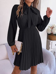 Tie Neck Balloon Sleeve Pleated Dress - Flyclothing LLC