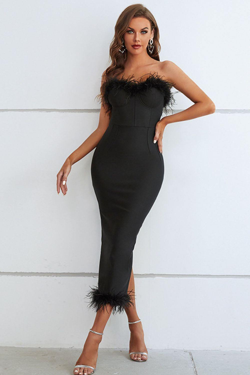 Feather Trim Strapless Sweetheart Neck Dress - Flyclothing LLC