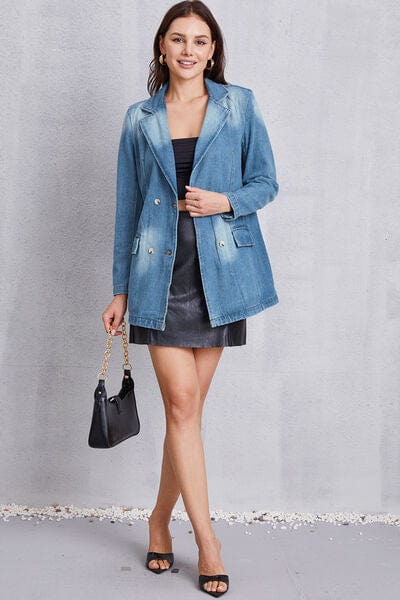 Lapel Collar Washed Denim Top - Trendsi