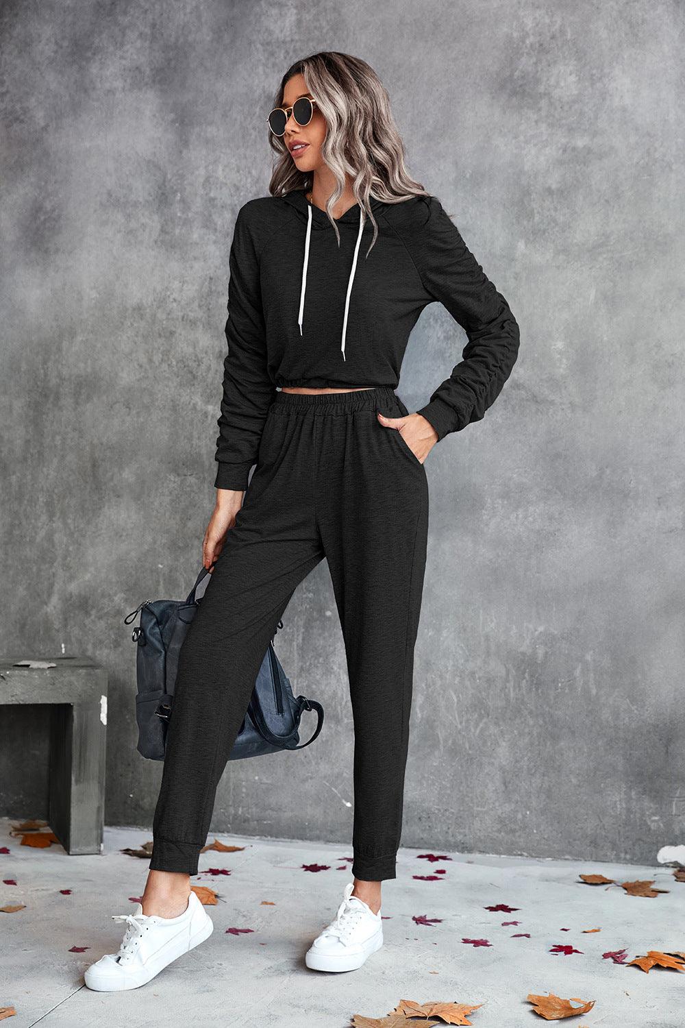 Ruched Raglan Sleeve Hoodie and Joggers Set - Flyclothing LLC