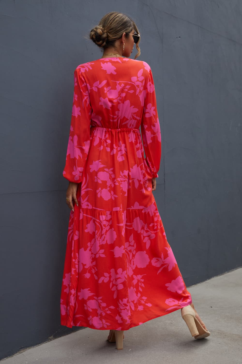 Floral Drawstring Waist Long Sleeve Dress - Flyclothing LLC