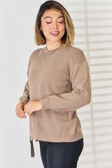 Slit Tied Dropped Shoulder Sweater - Flyclothing LLC