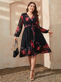 Plus Size Floral Surplice Neck Tie Waist Dress - Trendsi