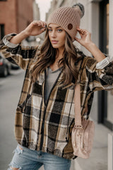 Plaid Zip Up Drawstring Hooded Jacket - Flyclothing LLC