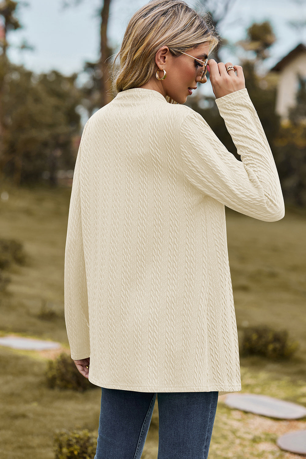 Textured Open Front Long Sleeve Cardigan - Flyclothing LLC