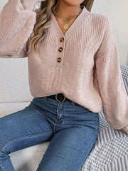 Half Button V-Neck Long Sleeve Sweater - Flyclothing LLC