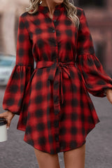 Plaid Tie Waist Balloon Sleeve Mini Dress - Flyclothing LLC