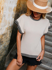 Contrast Round Neck Short Sleeve Knit Top - Flyclothing LLC