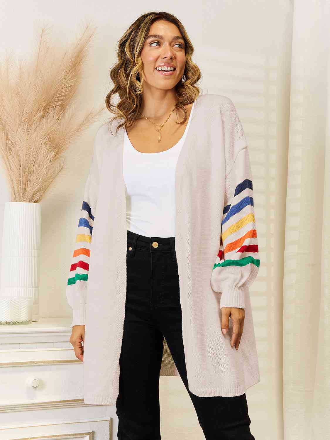 Striped Open Front Dropped Shoulder Cardigan - Flyclothing LLC