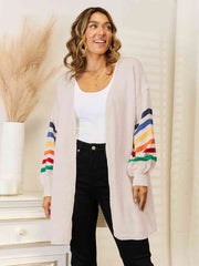 Striped Open Front Dropped Shoulder Cardigan - Flyclothing LLC