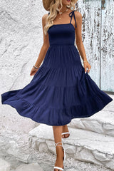 Tie-Shoulder Tiered Midi Dress - Flyclothing LLC