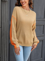 Contrast Round Neck Dropped Shoulder Sweater - Flyclothing LLC