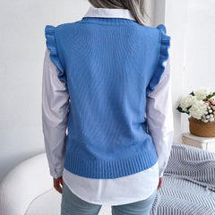 Ruffle Shoulder Ribbed Trim Sweater Vest - Flyclothing LLC