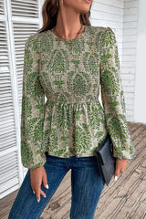 Smocked Printed Balloon Sleeve Blouse - Flyclothing LLC