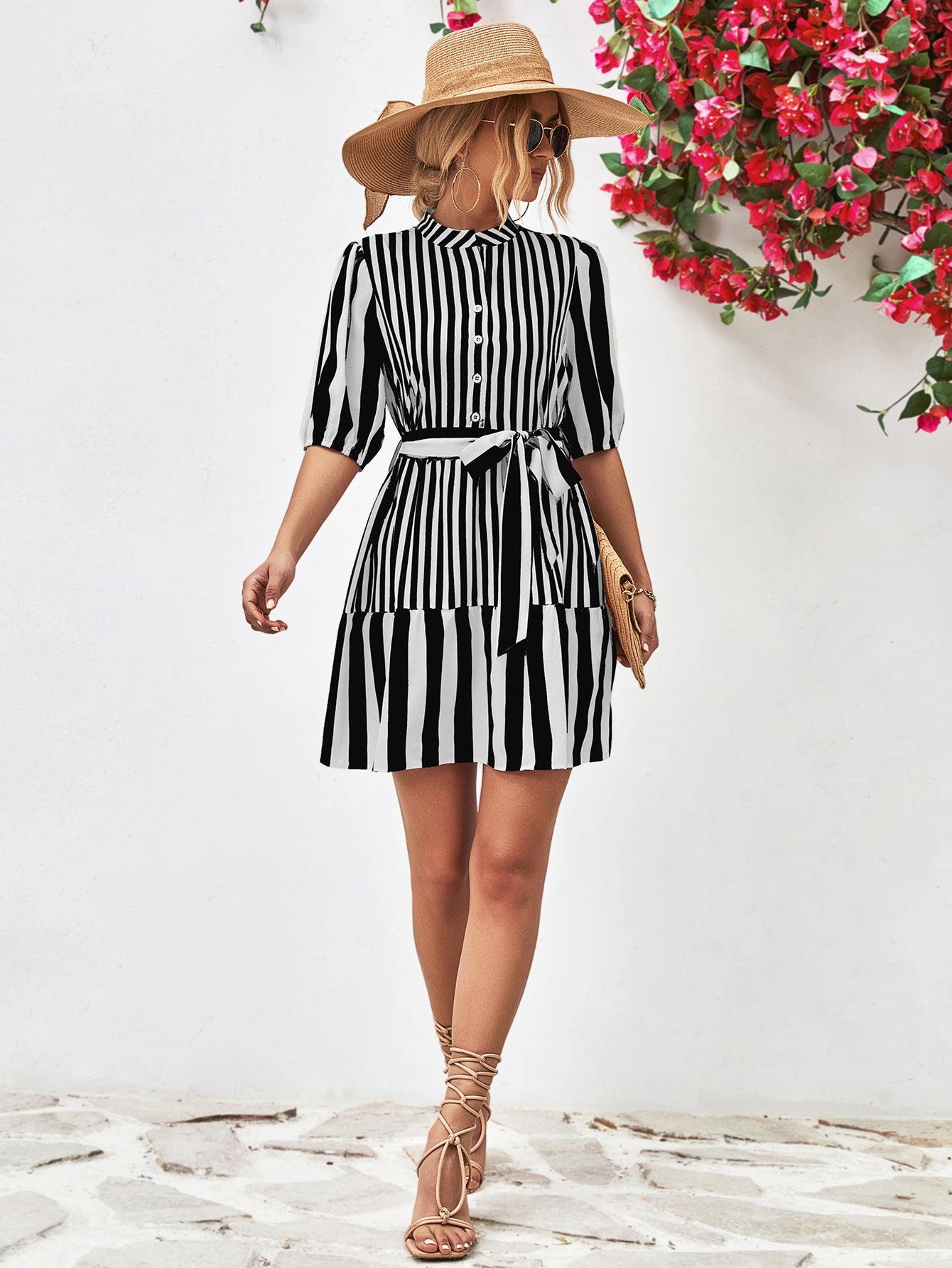 Striped Half Sleeve Tie Waist Mini Dress - Flyclothing LLC