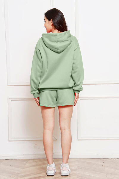 Drop Shoulder Long Sleeve Hoodie and Shorts Set - Flyclothing LLC