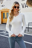 Flounce Sleeve Round Neck Rib-Knit Top - Flyclothing LLC