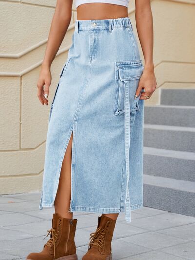 Slit Pocketed High Waist Denim Skirt - Flyclothing LLC