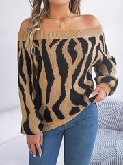 Off-Shoulder Animal Print Long Sleeve Sweater - Flyclothing LLC