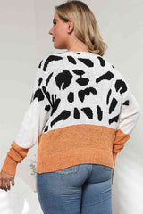 Plus Size Leopard Round Neck Long Sleeve Sweater - Trendsi