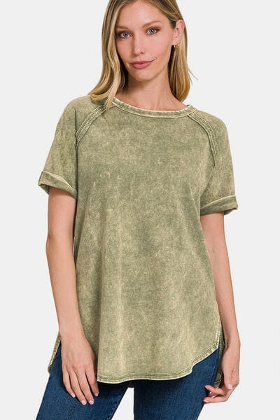 Zenana Heathered Round Neck Short Sleeve Blouse - Flyclothing LLC