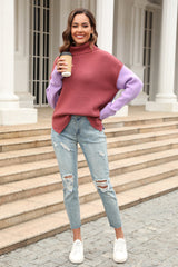 Color Block Turtleneck Slit Sweater - Trendsi