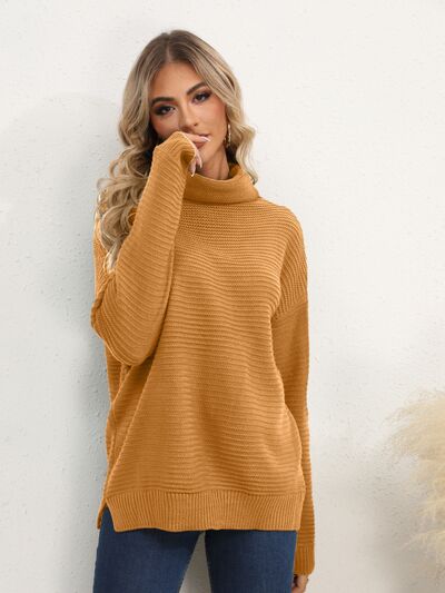 Slit Turtleneck Dropped Shoulder Sweater - Flyclothing LLC