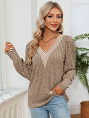 Lace Detail V-Neck Ribbed Blouse - Flyclothing LLC