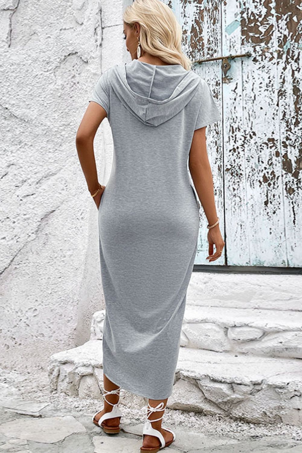 Short Sleeve Front Slit Hooded Dress - Light Gray / S