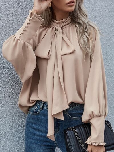 Tie Neck Lantern Sleeve Blouse - Trendsi