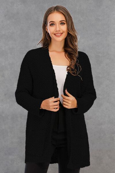 Pocketed Open Front Long Sleeve Cardigan - Flyclothing LLC