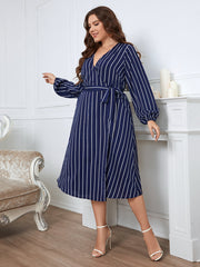 Plus Size Striped Surplice Neck Long Sleeve Dress - Flyclothing LLC