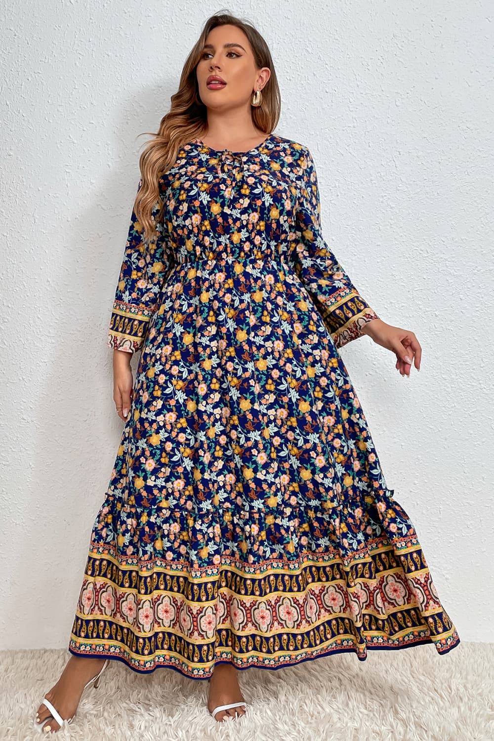 Plus Size Bohemian Round Neck Maxi Dress - Flyclothing LLC