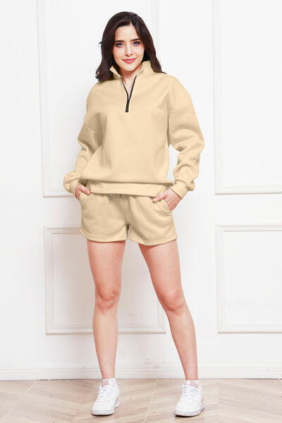 Half Zip Long Sleeve Sweatshirt and Drawstring Shorts Set - Flyclothing LLC