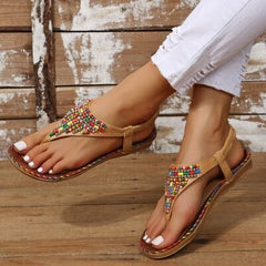 Beaded PU Leather Open Toe Sandals - Trendsi