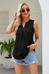 Notched Neck Curved Hem Eyelet Tank - Flyclothing LLC