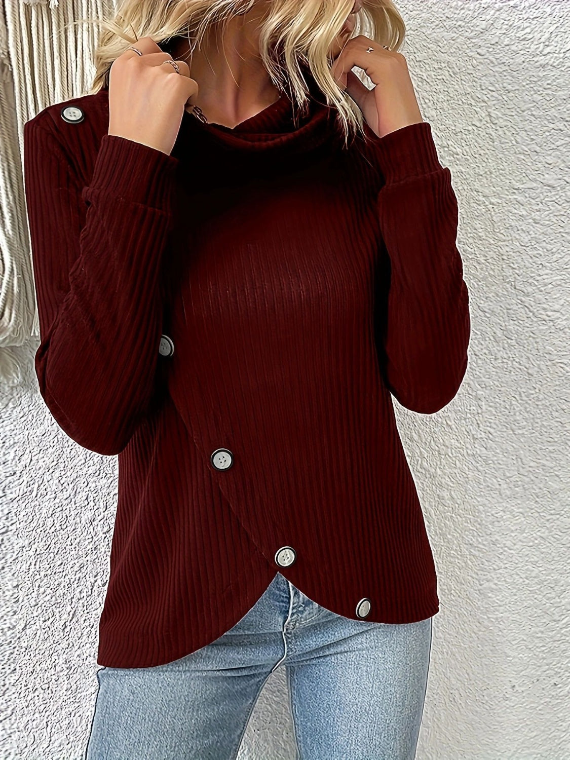 Decorative Button Turtleneck Long Sleeve T-Shirt - Flyclothing LLC