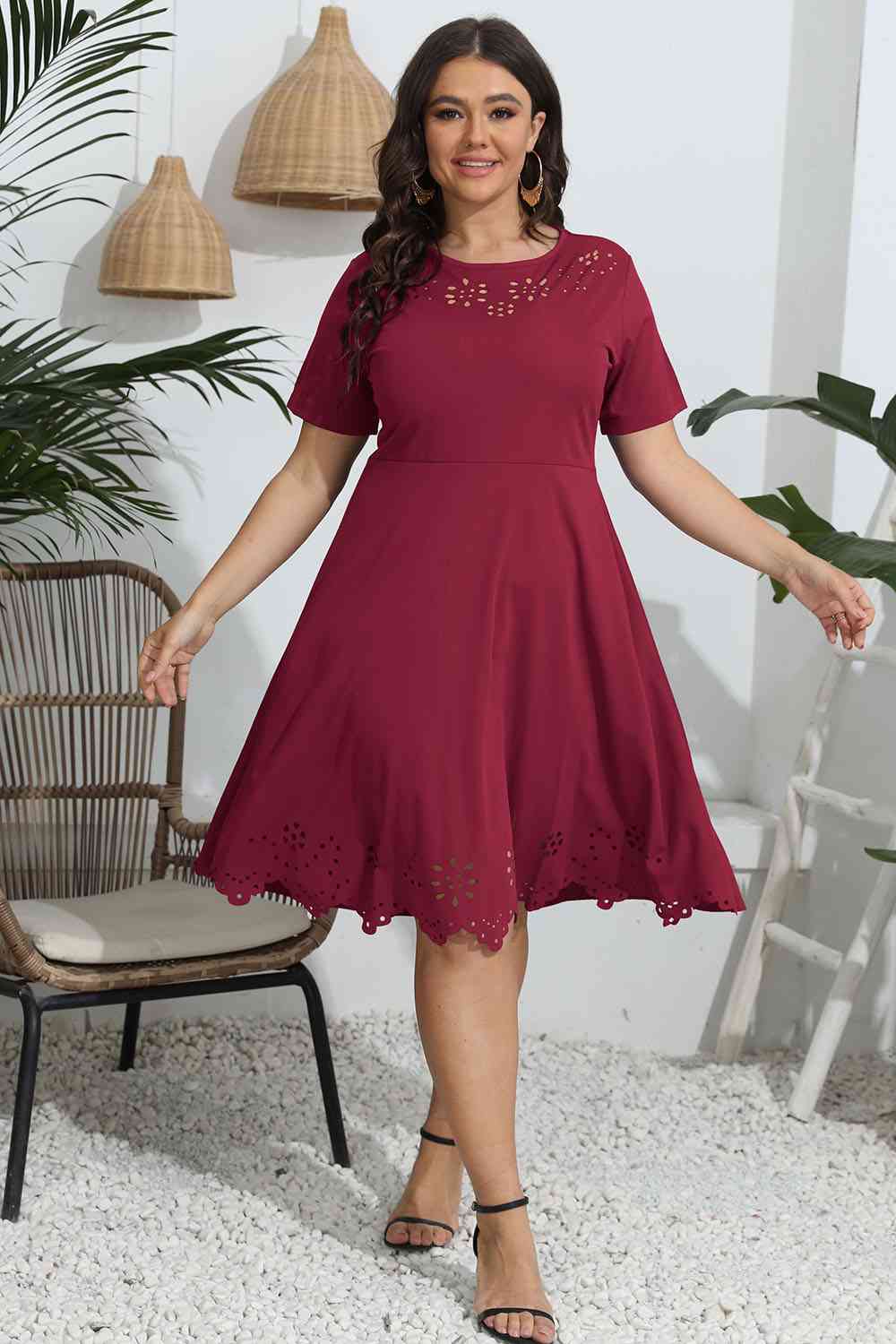 Plus Size Round Neck Openwork Dress - Flyclothing LLC