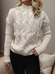 Cable-Knit Mock Neck Long Sleeve Sweater - Flyclothing LLC