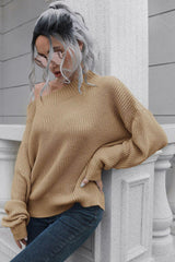 Off-Shoulder Ribbed Long Sleeve Pullover Sweater - Trendsi