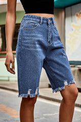 Raw Hem High Waist Denim Shorts with Pockets - Flyclothing LLC