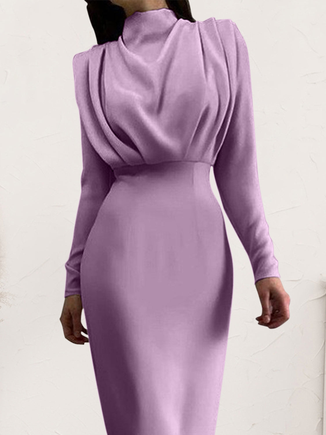 Ruched Turtleneck Long Sleeve Dress - Flyclothing LLC