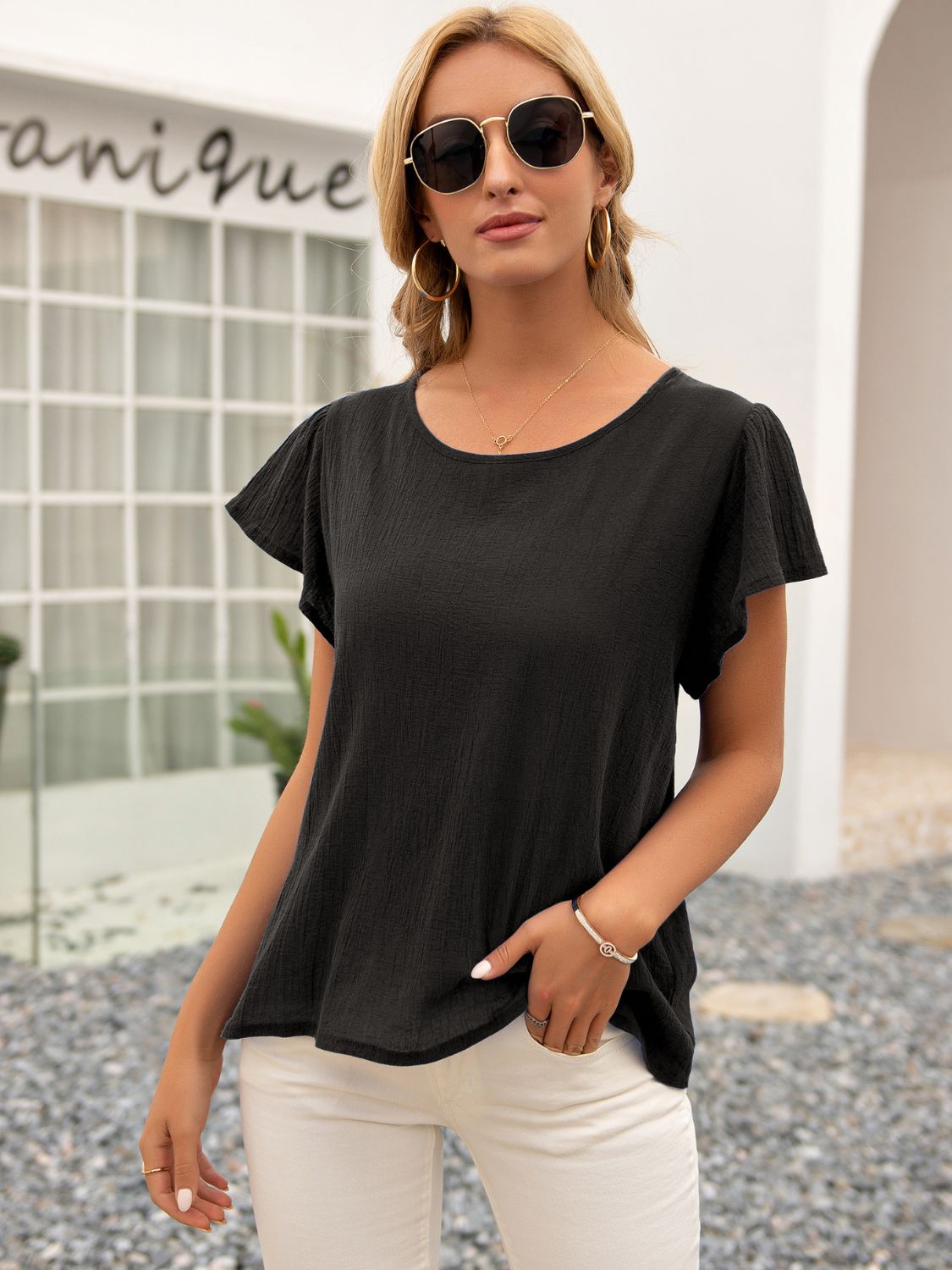 Round Neck Cutout Tie Back Top - Flyclothing LLC