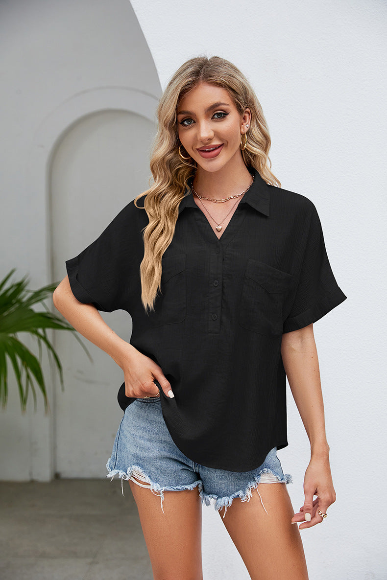 Half Button Johnny Collar Blouse - Flyclothing LLC