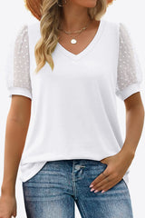 Swiss Dot Puff Sleeve V-Neck Tee - Flyclothing LLC