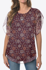 Printed Round Neck Curved Hem Blouse - Flyclothing LLC