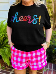 Plus Size CHEERS Round Neck Short Sleeve Sweater - Flyclothing LLC