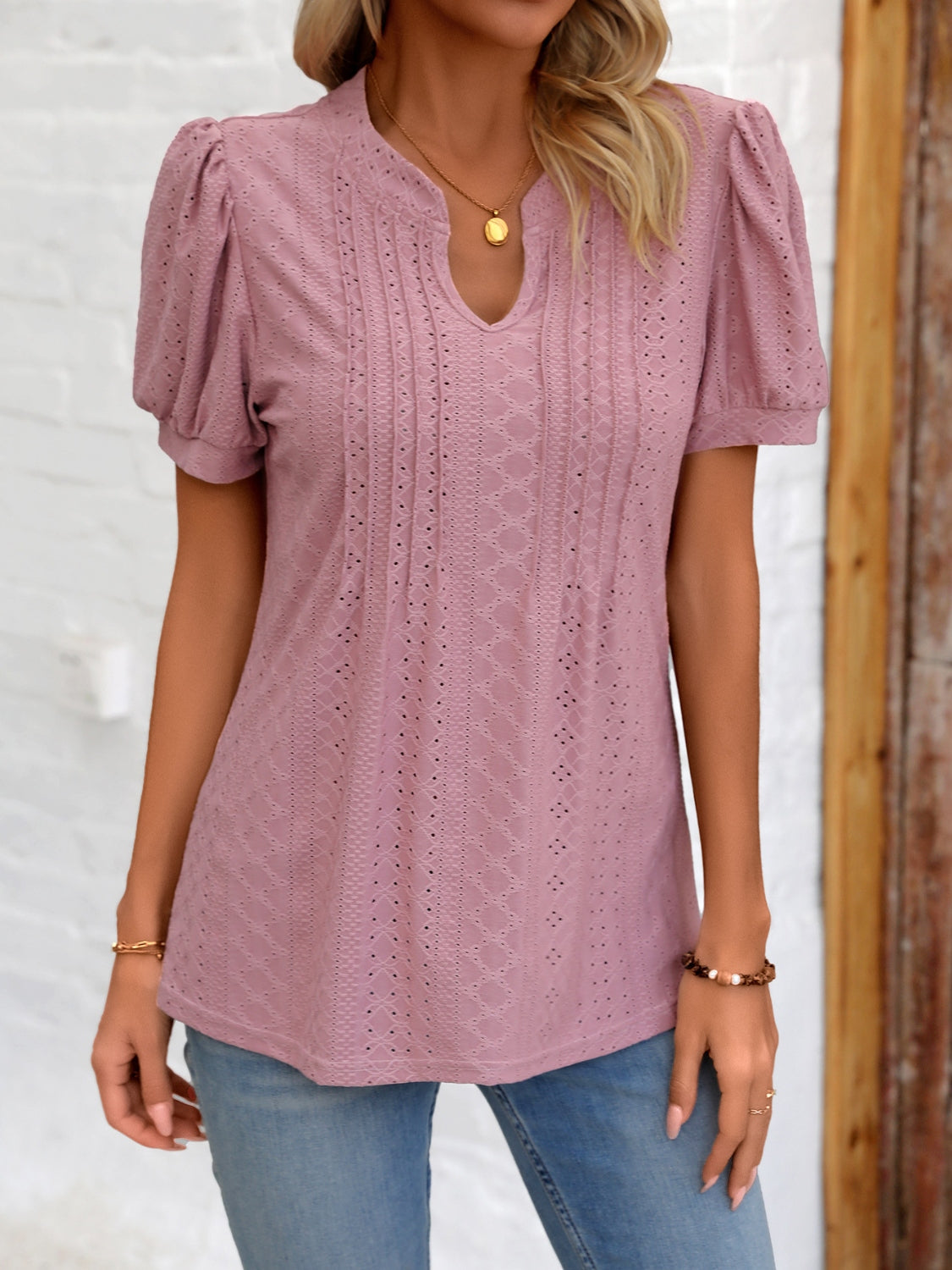 Eyelet Notched Puff Sleeve T-Shirt - Flyclothing LLC